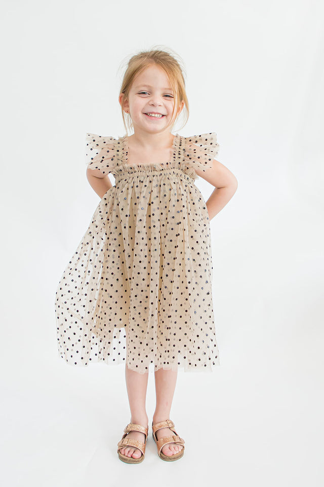 Girl's Tan and Black Polka Dot Tulle Butterfly Applique Dress