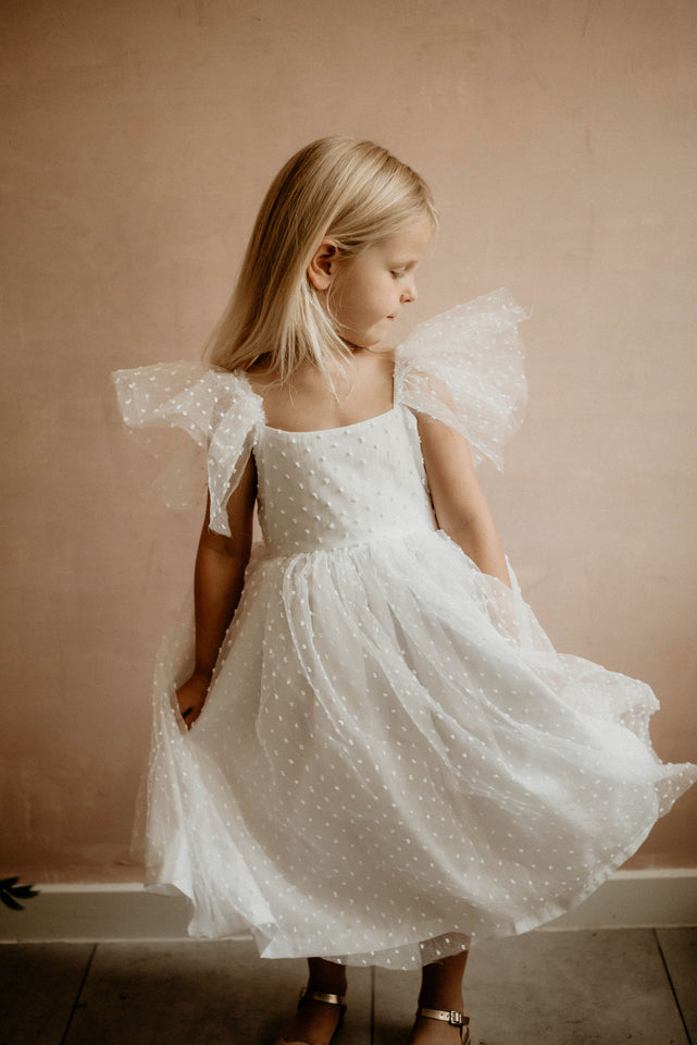 Little Girl's White Swiss Dot Tulle V Back Flower Girl Dress