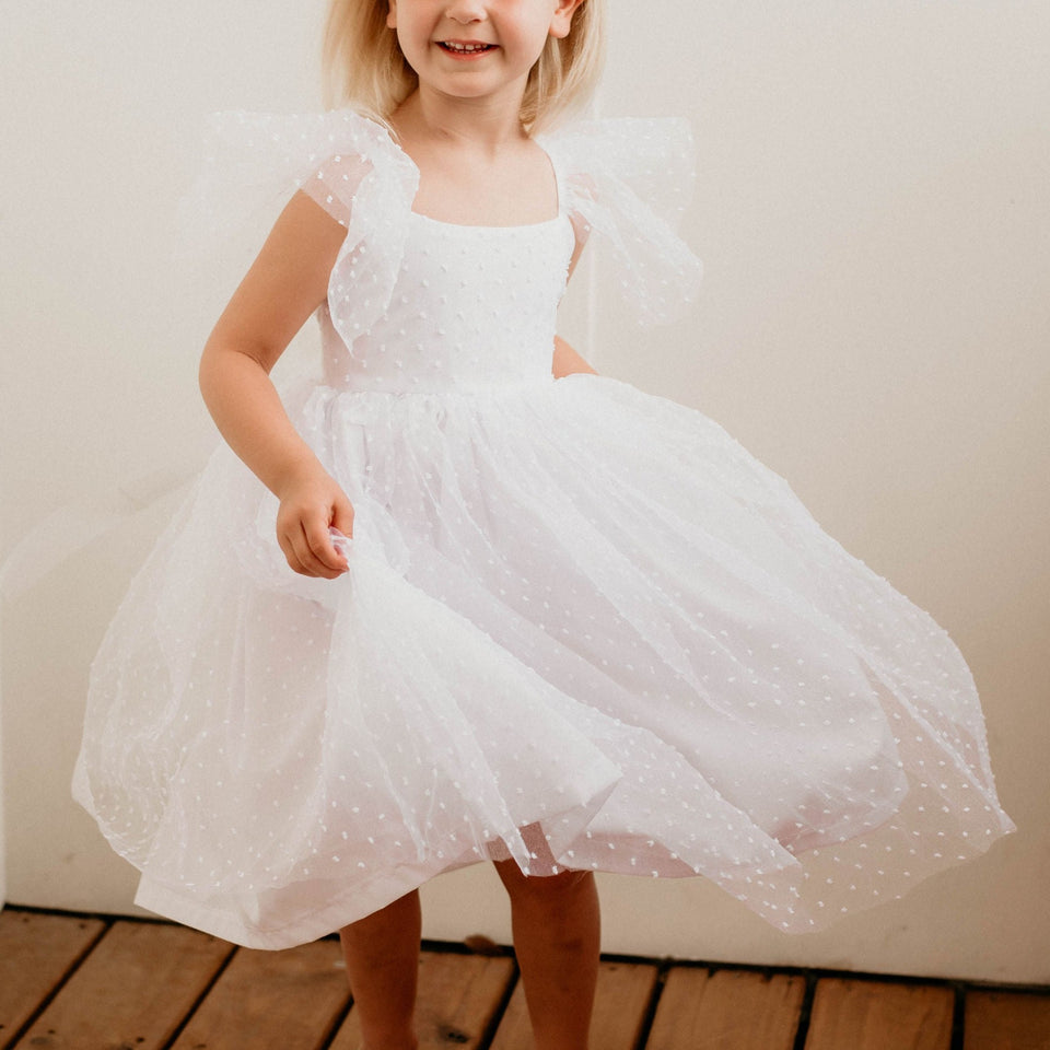 Little Girl's White Swiss Dot Tulle V Back Flower Girl Dress