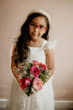 Little Girl's White Satin and White Floral Lace Flower Girl Dress