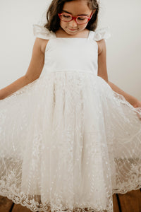 Little Girl's White Satin and White Floral Lace Flower Girl Dress