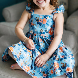 Little Girl's Blue and Orange Floral Rifle Paper Ruffle Twirl Dress