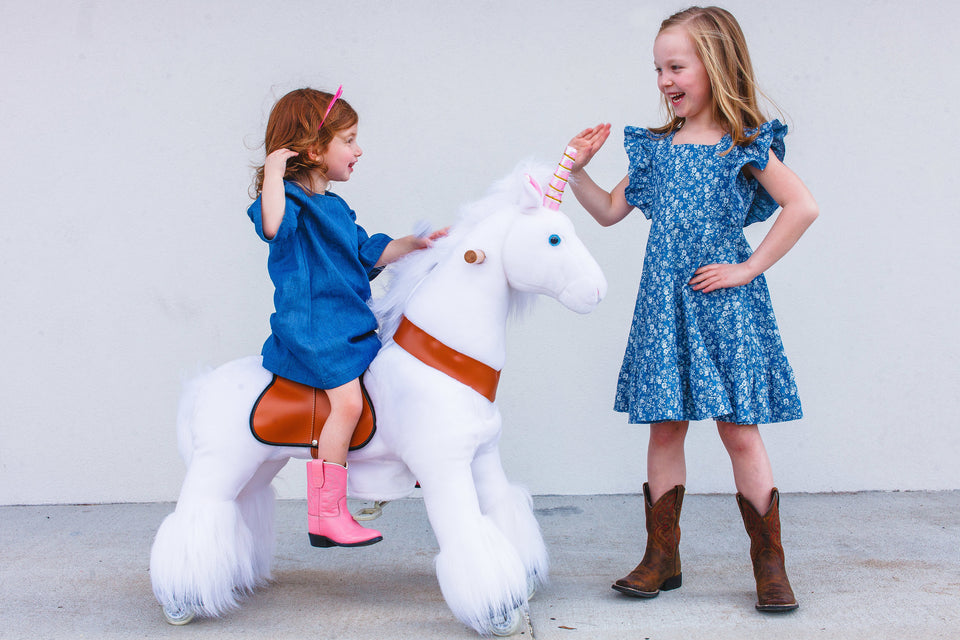 Little Girl's White Floral Print Chambray Pinafore Style Twirl Dress