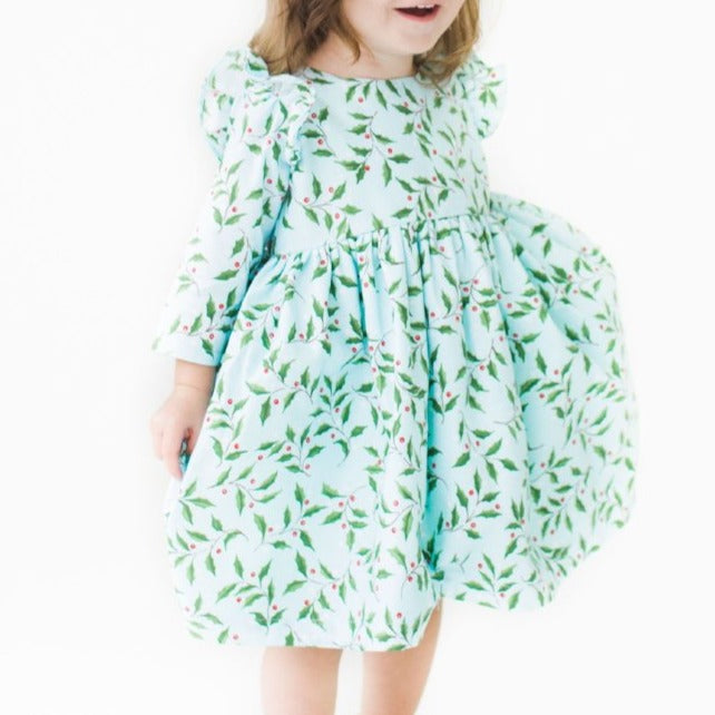 Little Girl's Blue Cotton Holly Print Holiday Dress