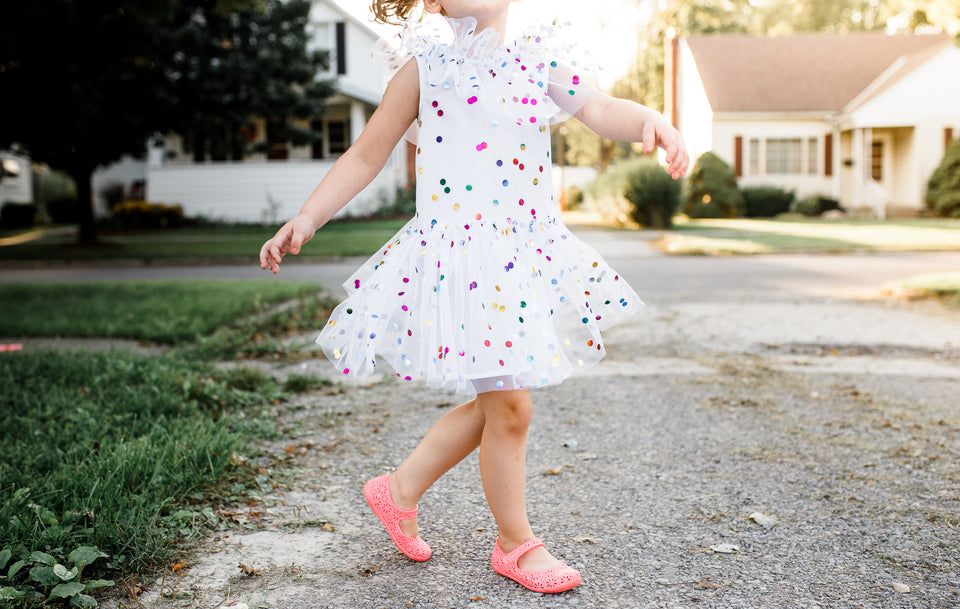 Little Girl's White Tulle Confetti Polka Dot Party Dress