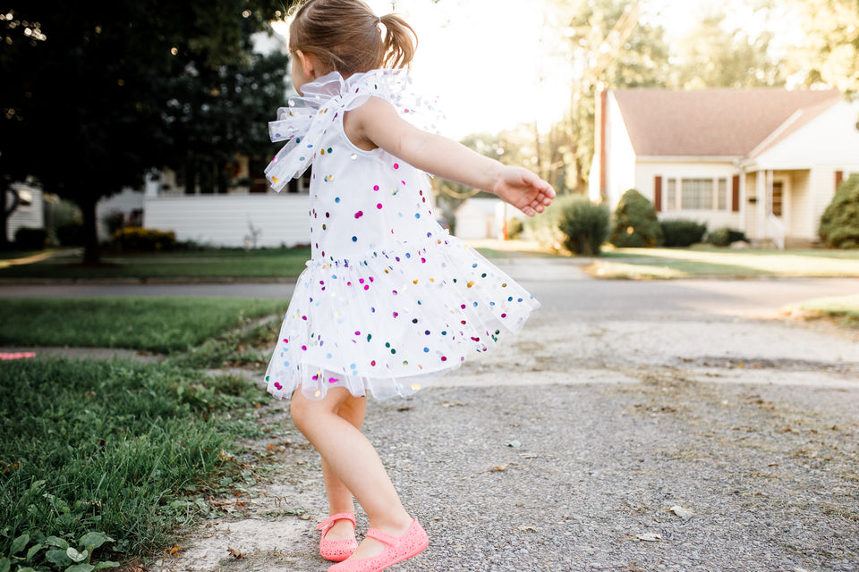 Little Girl's White Tulle Confetti Polka Dot Party Dress