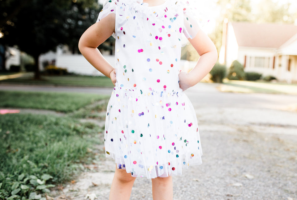 Little Girl's White Tulle Confetti Polka Dot Party Dress