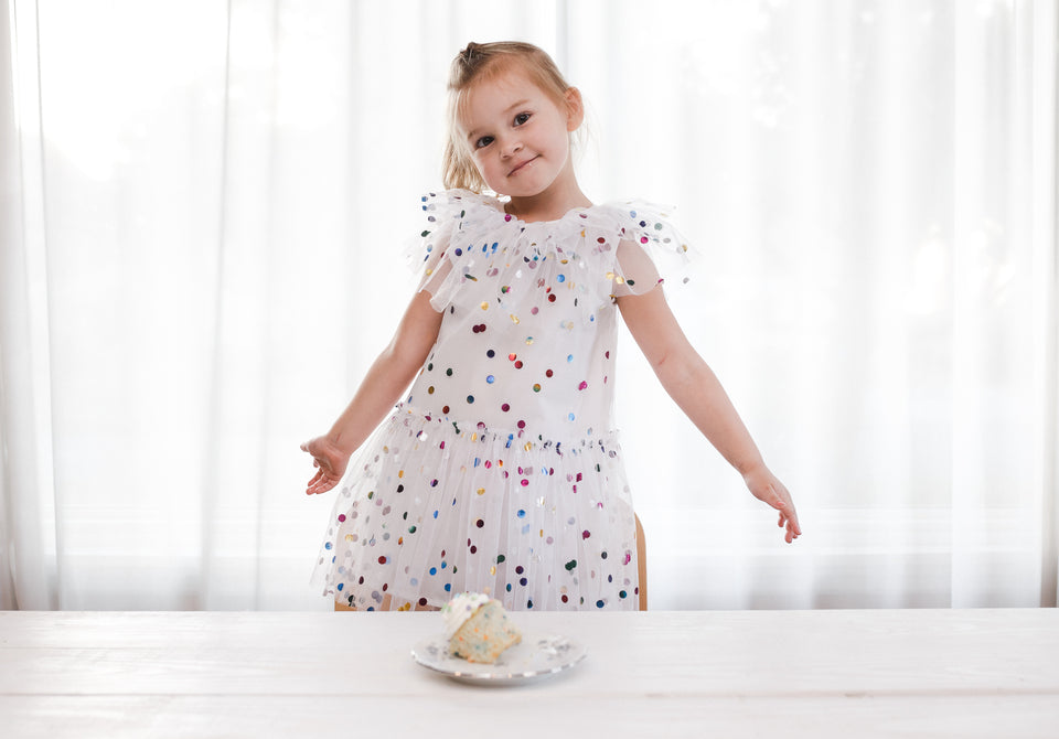 Little Girl's White Tulle Confetti Polka Dot Party Dress