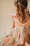 Little Girl's Peach and Green Floral Lace Flutter Sleeve Flower Girl Dress