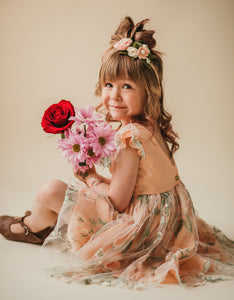 Little Girl's Peach and Green Floral Lace Flutter Sleeve Flower Girl Dress