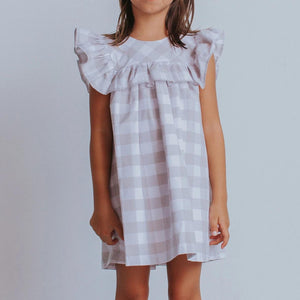 Little Girl's Gray-Beige Plaid Ruffle Cotton Dress