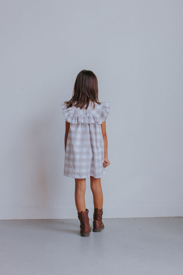 Little Girl's Gray-Beige Plaid Ruffle Cotton Dress
