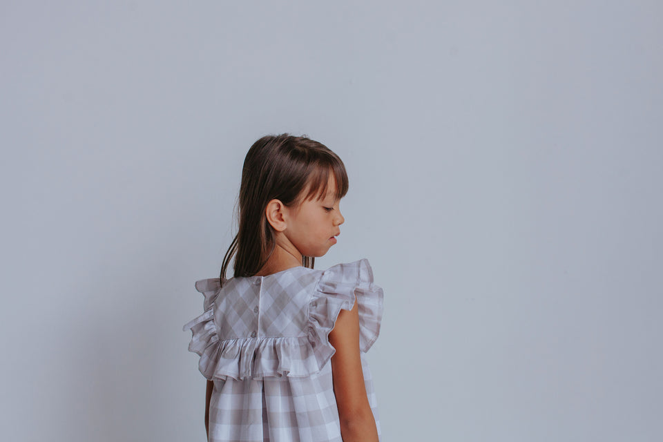 Little Girl's Gray-Beige Plaid Ruffle Cotton Dress