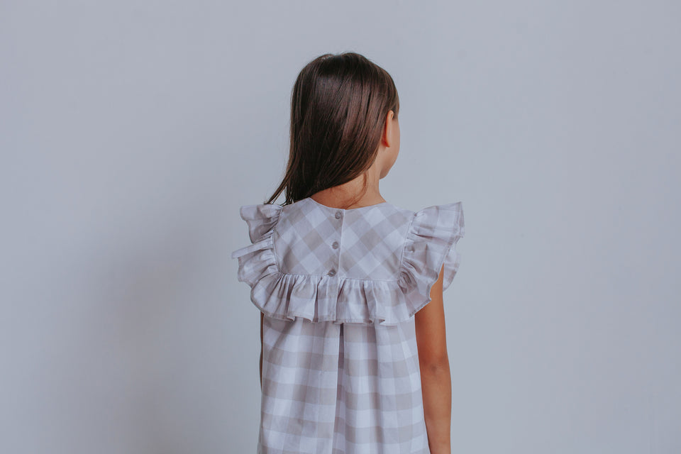 Little Girl's Gray-Beige Plaid Ruffle Cotton Dress