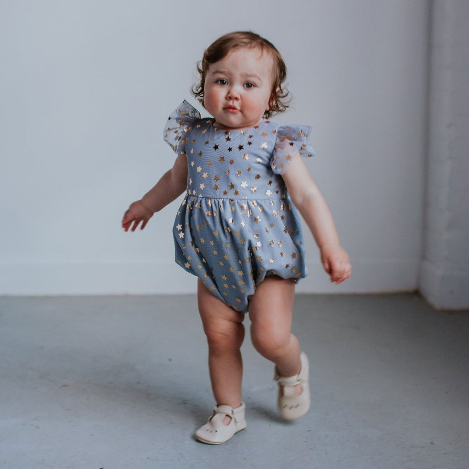 gray and gold star tulle bubble romper