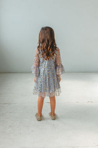 Little Girl's Gray Tulle Bell Sleeve Dress with Gold Stars