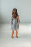Little Girl's Gray Tulle Bell Sleeve Dress with Gold Stars