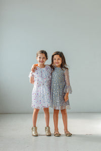 Little Girl's Gray Tulle Bell Sleeve Dress with Gold Stars