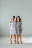 Little Girl's Gray Tulle Bell Sleeve Dress with Gold Stars