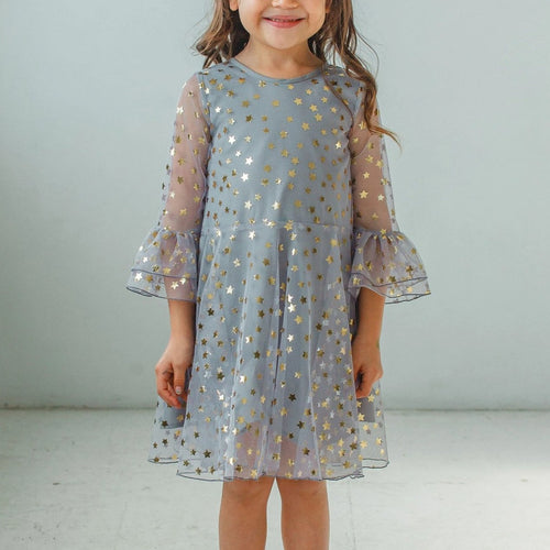 Little Girl's Gray Tulle Bell Sleeve Dress with Gold Stars