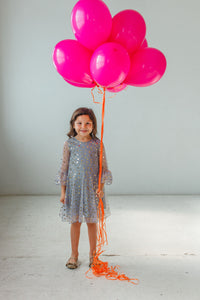 Little Girl's Gray Tulle Bell Sleeve Dress with Gold Stars