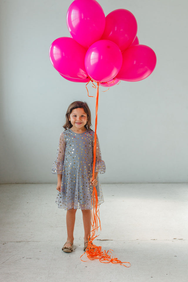 Little Girl's Gray Tulle Bell Sleeve Dress with Gold Stars