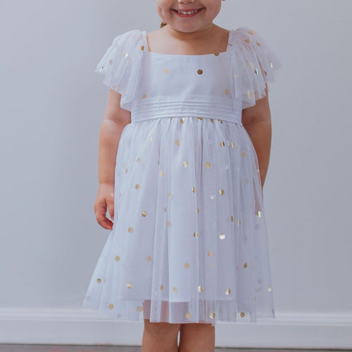 Girl's White Tulle and Gold Polka Dot Flutter Sleeve Special Occasion Dress
