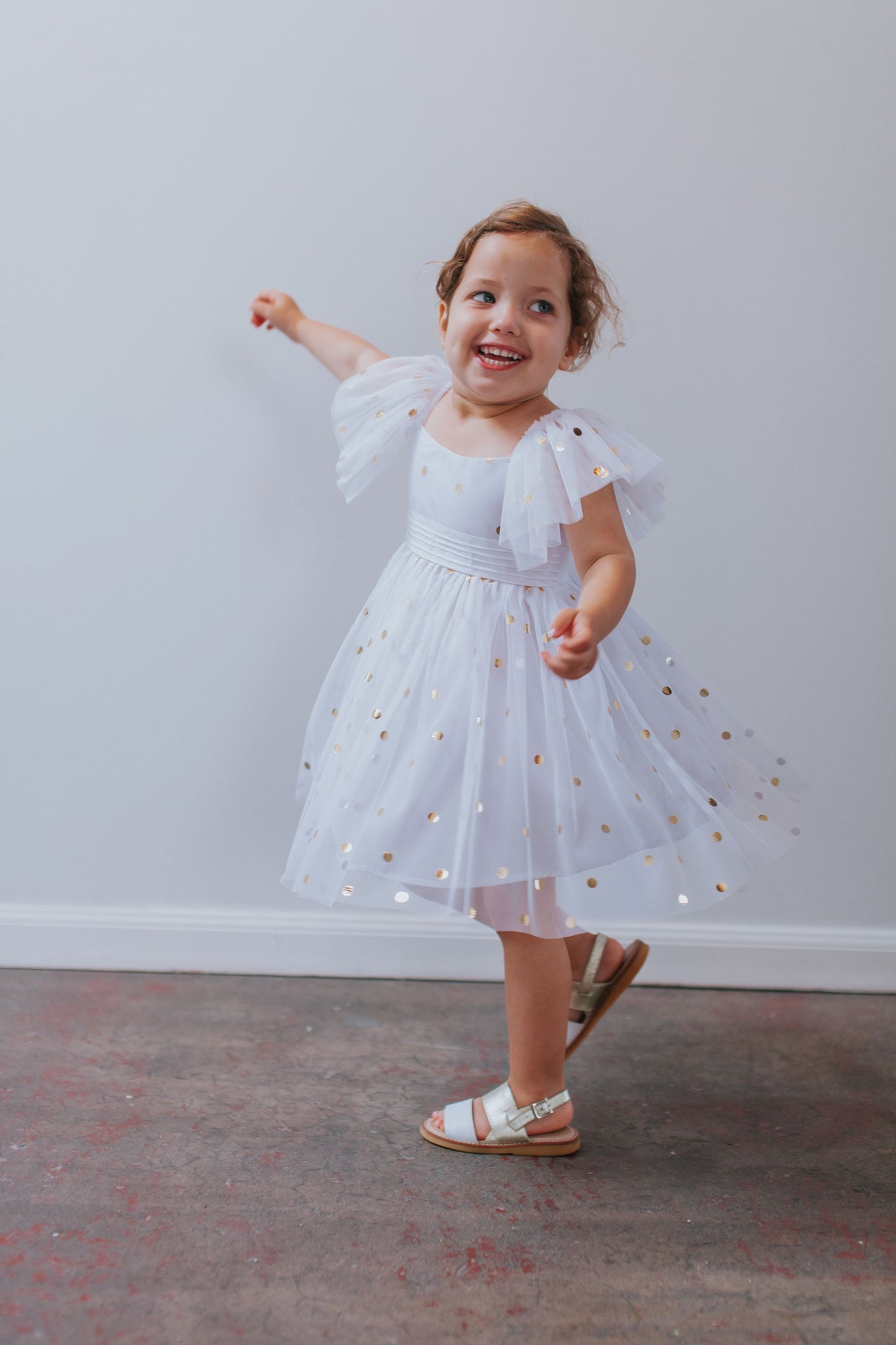 Girl s White Tulle and Gold Polka Dot Flutter Sleeve Special