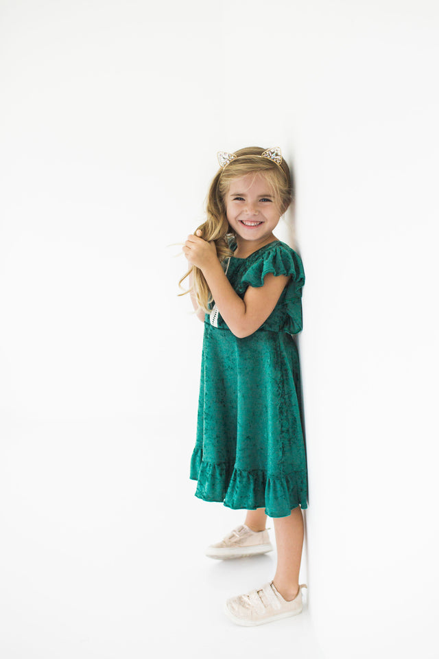 Girl's Green Crushed Velvet Christmas Dress