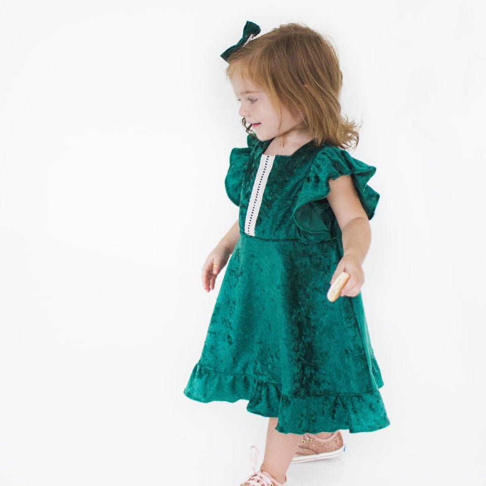 Girl's Green Crushed Velvet Christmas Dress