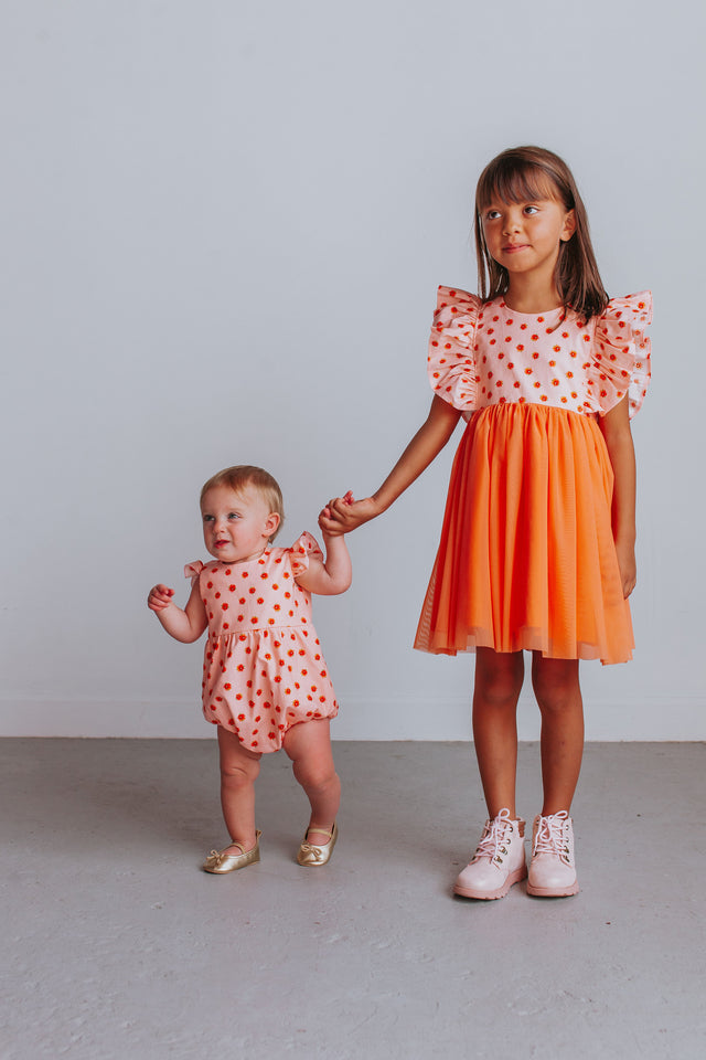Little Girl's Orange Floral Tulle Ruffle Dress