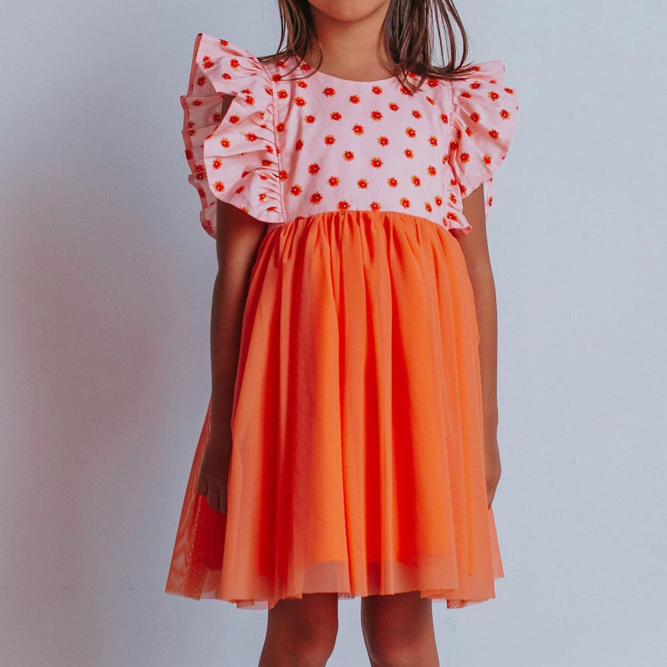 Little Girl's Orange Floral Tulle Ruffle Dress
