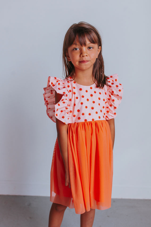 orange cotton tulle floral dress