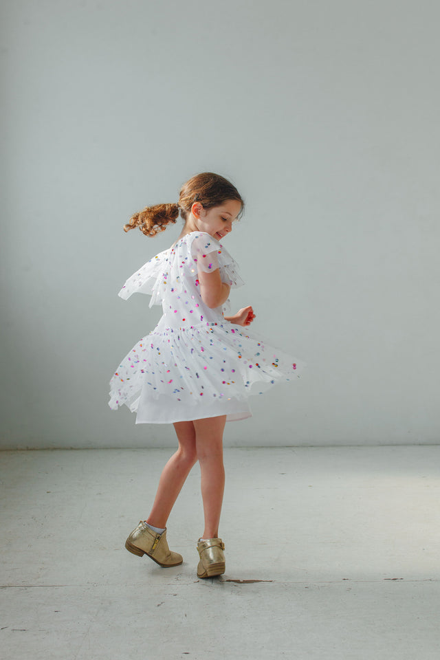 Little Girl's White Tulle Confetti Polka Dot Party Dress