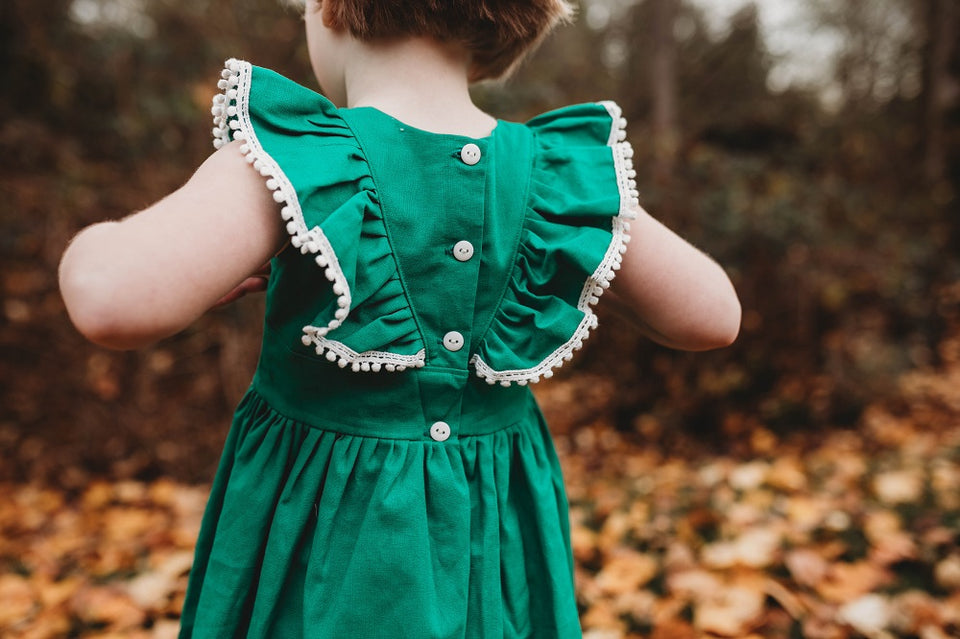 Little Girl's Kelly Green Linen Ruffle Dress