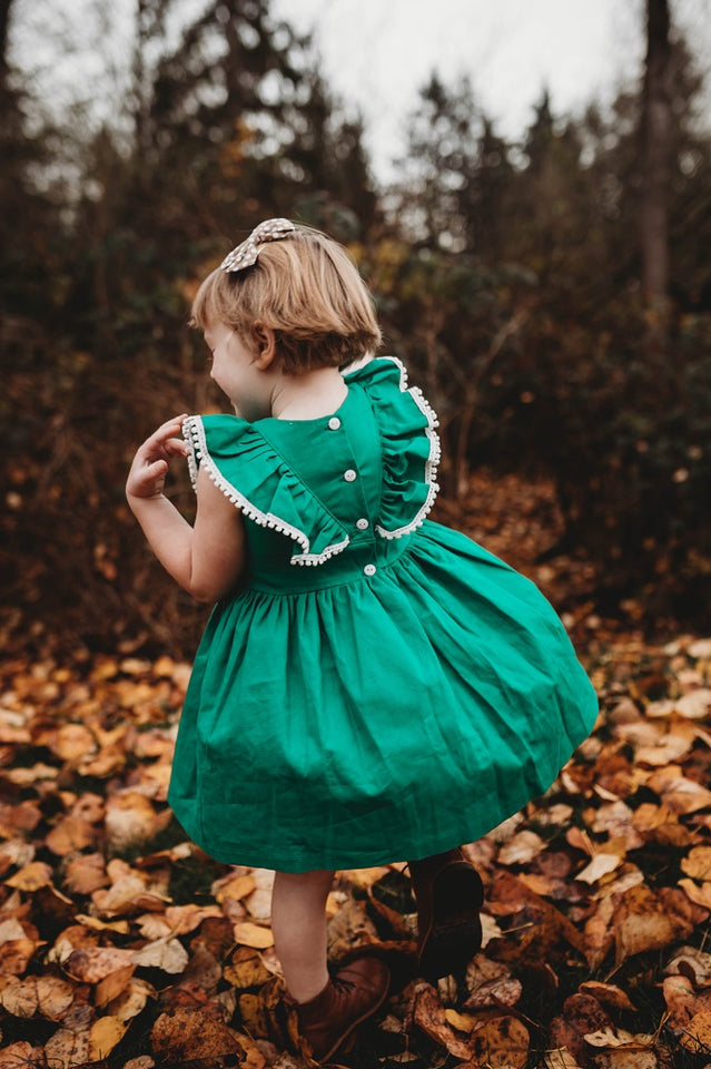 Little Girl's Kelly Green Linen Ruffle Dress