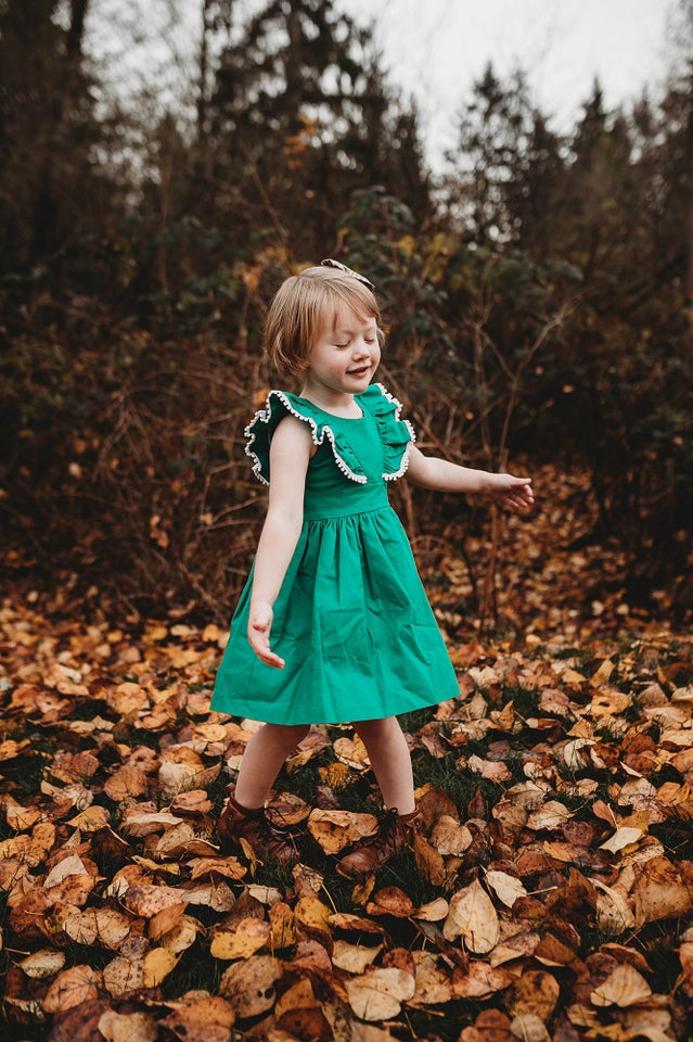 Little Girl's Kelly Green Linen Ruffle Dress