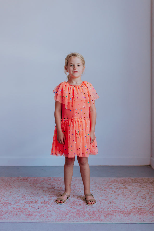 Girl's Coral Orange Tulle Confetti Polka Dot Party Dress