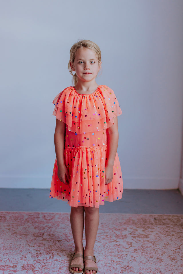 Girl's Coral Orange Tulle Confetti Polka Dot Party Dress