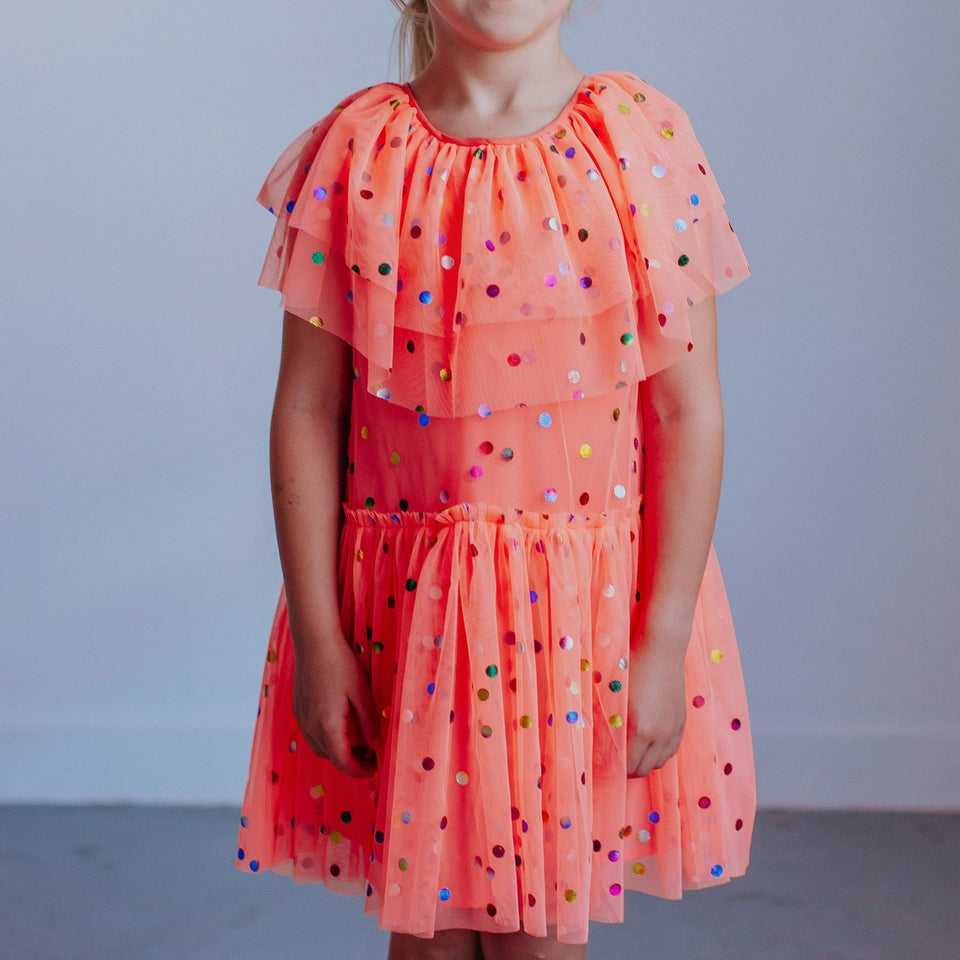 Girl's Coral Orange Tulle Confetti Polka Dot Party Dress