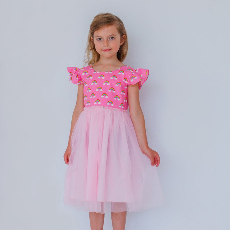 cuteheads Little Girl's Pink Rainbow Tulle Dress 5T / Pink/Gold