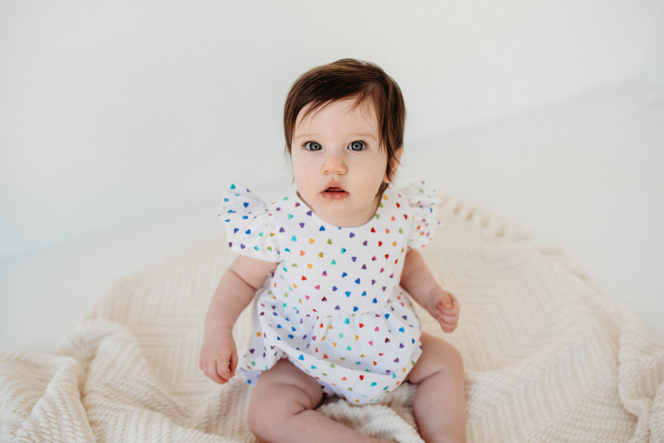 Little Girl's Multicolor Rainbow Hearts Valentines Day Ruffle Collar Shift Dress