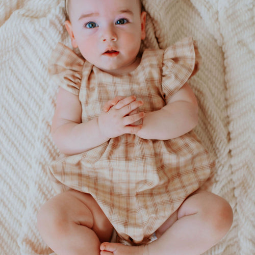 Infant Girl's Beige Plaid Ruffle Sleeve Bubble Romper