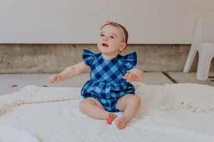 Infant Girl's Navy and Blue Plaid Ruffle Sleeve Bubble Romper