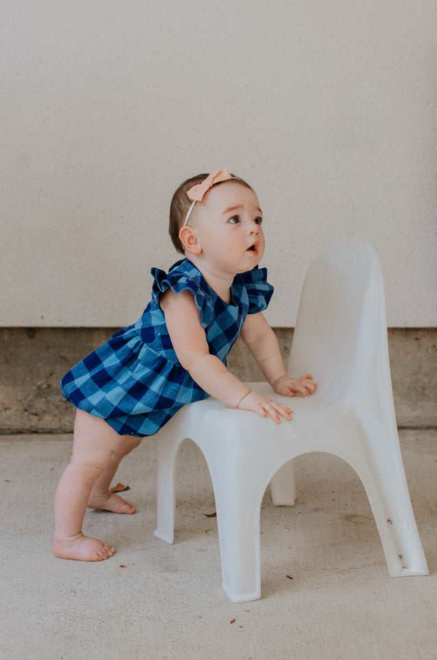 Infant Girl's Navy and Blue Plaid Ruffle Sleeve Bubble Romper