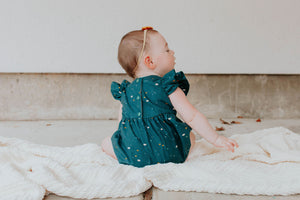 Infant Girl's Navy Stargazing Print Ruffle Sleeve Bubble Romper