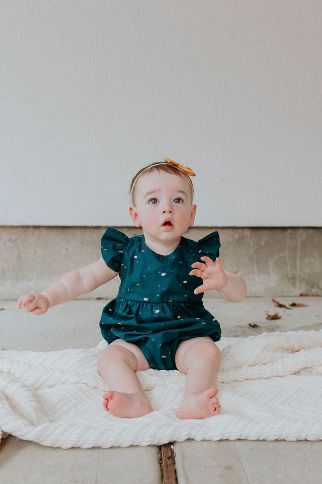 Infant Girl's Navy Stargazing Print Ruffle Sleeve Bubble Romper