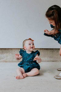 Infant Girl's Navy Stargazing Print Ruffle Sleeve Bubble Romper