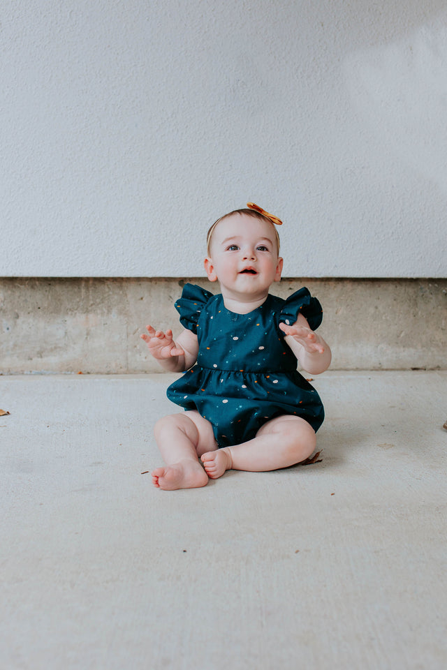Infant Girl's Navy Stargazing Print Ruffle Sleeve Bubble Romper