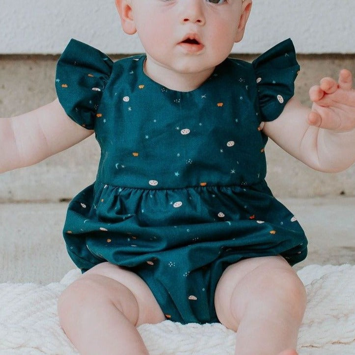Infant Girl's Navy Stargazing Print Ruffle Sleeve Bubble Romper